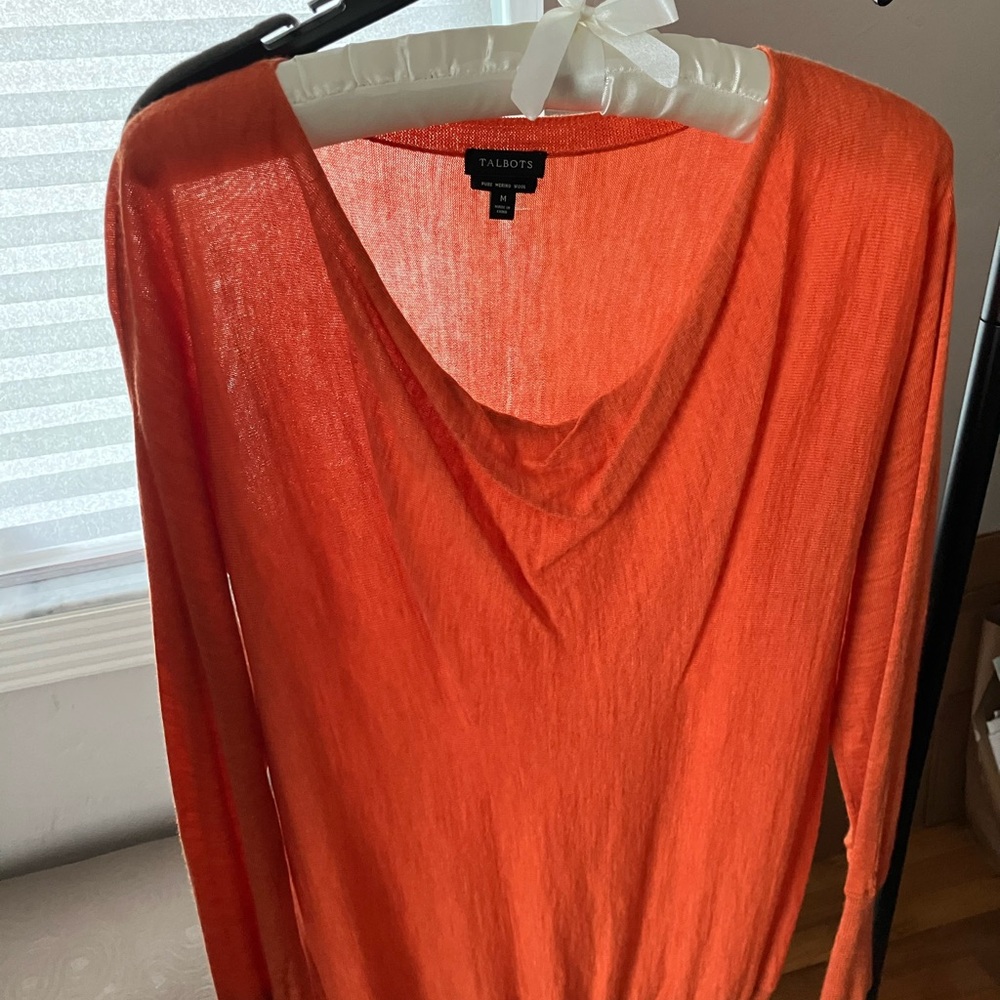 Talbots Vibrant Orange fine merino wool drape neck sweater